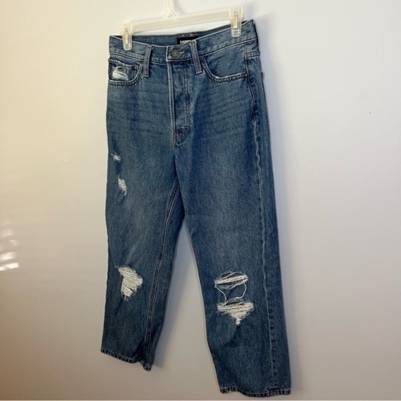 Express High Rise Medium Wash Cropped Distressed Button Fly Dad Jeans Size 4R - Picture 4 of 15
